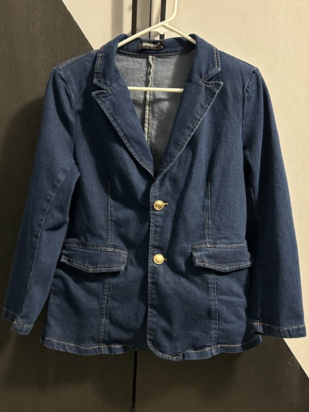 Allegra K Single Breasted Dark Blue Denim Blazer Jacket Gold Buttons Women’s S